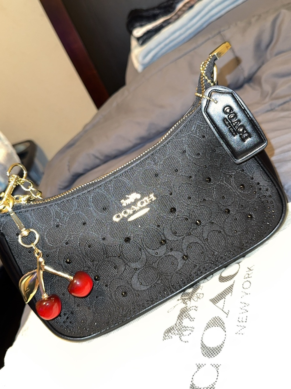 Coach Black Mini Shoulder Bag with Red Cherry Charm